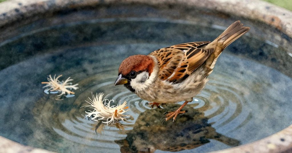樹麻雀在水槽中輕啄漂浮纖維,水面反射動作細節,展現自然與工藝之間微妙平衡