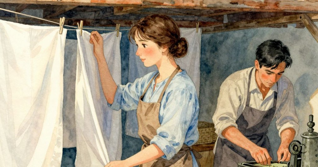 回憶中閣樓內紙張懸掛,溫暖柔和光線映出冬天思索表情,同時背景中有男子調整機器