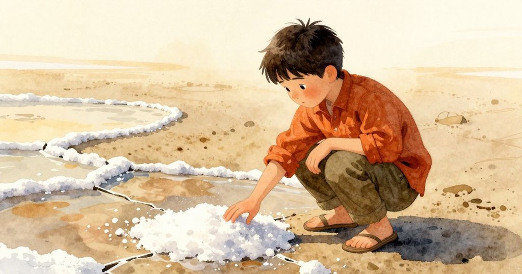 阿拉里克蹲在岩石旁,輕觸海池上逐漸擴大的鹽痕,晨光柔和,展現初升日光下的海邊寧靜景致。