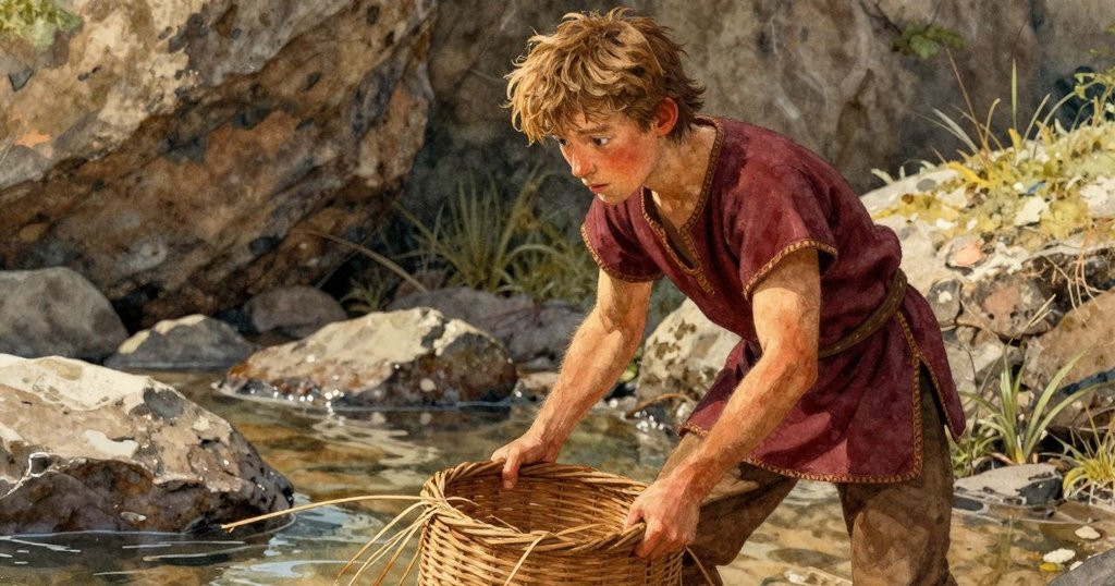 奧爾森以傾斜視角展現動作,謹慎地將編織籃子靠近海池邊,陽光映照中呈現自然與細節的完美融合。