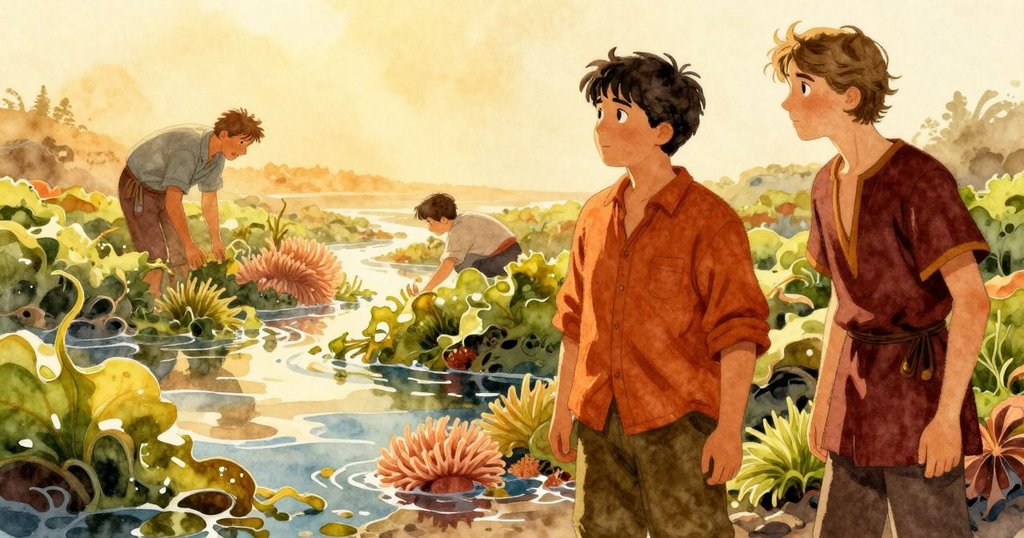 在強烈陽光下,阿拉里克與奧爾森凝視變化中的海池,海菜與海葵在溫暖光影中展現自然奇妙。