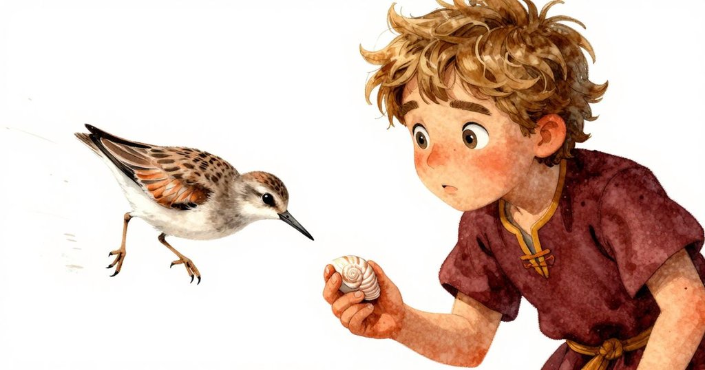 奧爾森手持螺旋貝殼驚訝停頓,海鷸迅速捕捉食物,海池中微妙變化和生物活動令人讚嘆。