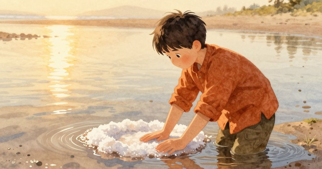 阿拉里克靜靜地用拇指觸碰濕潤鹽痕,海池呈現寧靜景致,兩人共同感受大自然的深思與和諧。