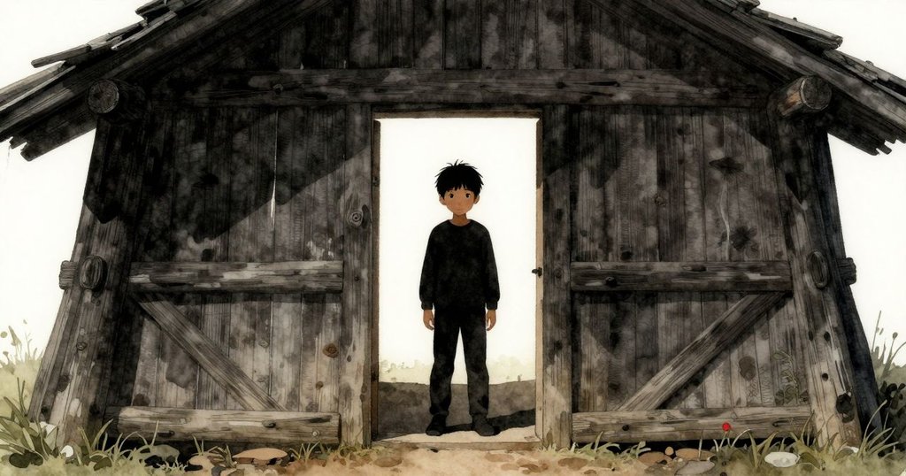 Blake站在雪松小屋門口,專注觀察濕痕,背景明亮且帶有柔和陰影,展現開始探索的情境