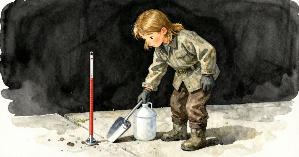 Sian正用金屬鏟與塑膠水壺操作儀器,近距離展示工具與濕痕對比,充滿專注與細膩情感