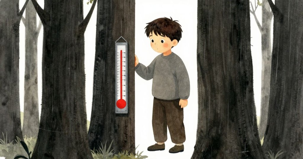 Blake透過半開門洞靜靜觀察雨量計,房內木質紋理和外部光影交錯,展現深思熟慮情境