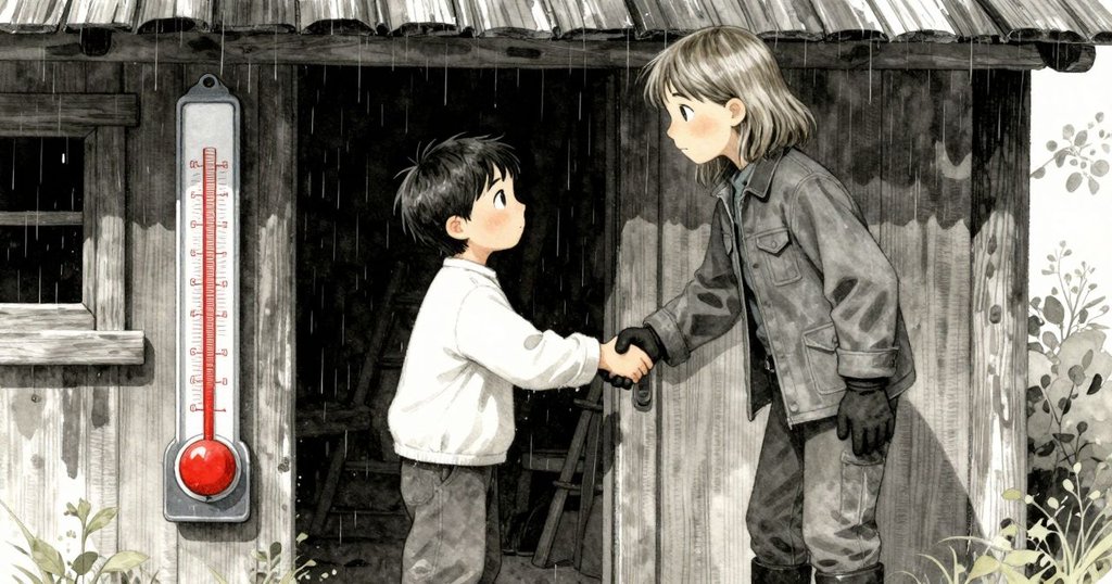 Blake與Sian在雨量計旁溫馨握手,場景細膩呈現合作氛圍,背後木屋與自然環境交織成背景