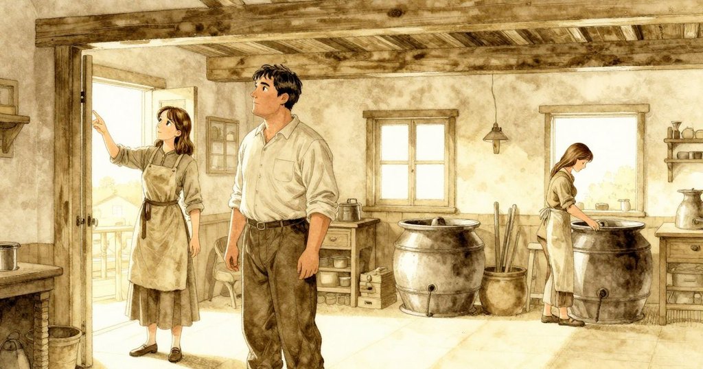 弗雷澤指著屋頂橫樑上的燕子, 蘿莎在製染間操作藍色容器, 室內充滿暖陽與懸疑氛圍