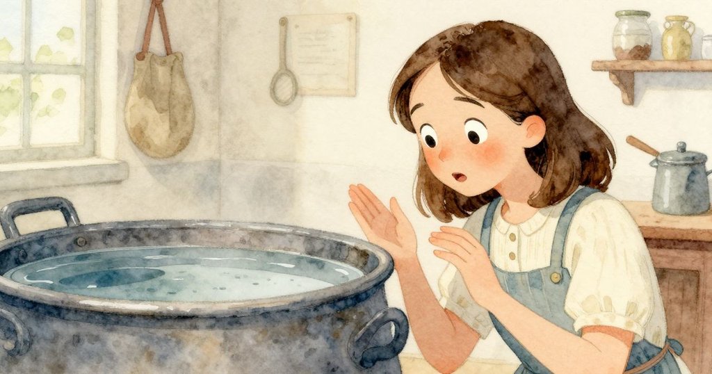 蘿莎專注凝視藍色痕跡, 臉上流露出驚訝與沉思, 製染間背景溫和光線