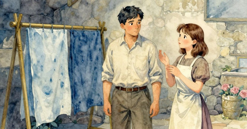 濕潤布條掛在架上, 藍色縱橫流淌, 透視變形展現動感, 製染間石牆背景