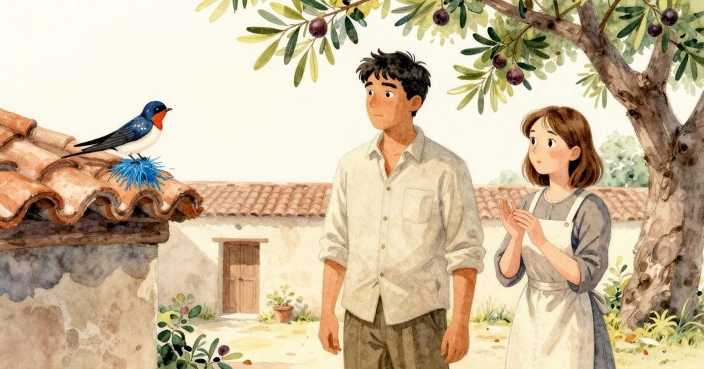 燕子在屋頂橫樑上停留, 口中帶著閃藍的稻草, 從高處看見庭院和無花果樹, 陽光灑落