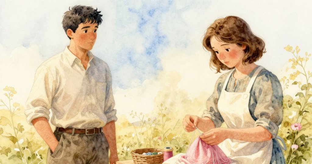 蘿莎在門口整理線頭, 弗雷澤靜靜注視, 兩人神情溫和, 陽光柔和映照庭院