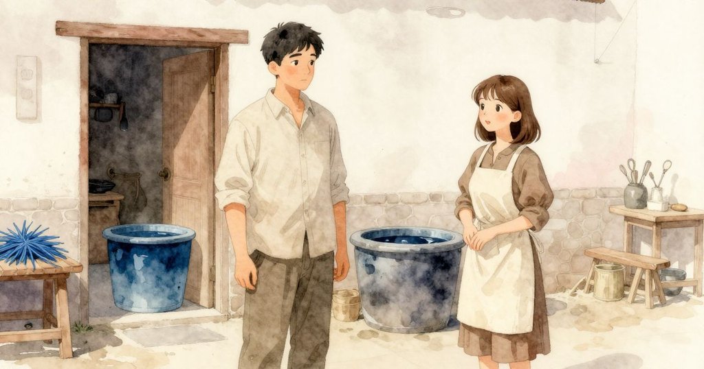 製染間靜謐結尾, 桶內平靜容器和門邊藍色稻草, 陽光微弱, 整體氛圍安詳結束故事