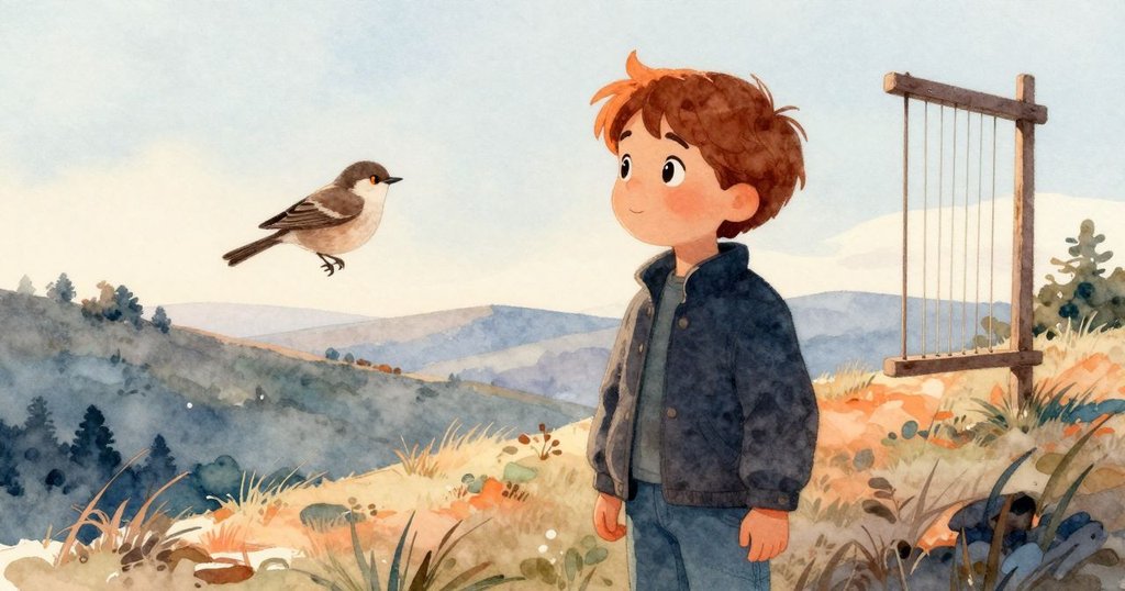 冬天站在山坡上觀望風琴，小鳥落在鋼絲上，背景有雪松樹，氣氛寧靜充滿期盼