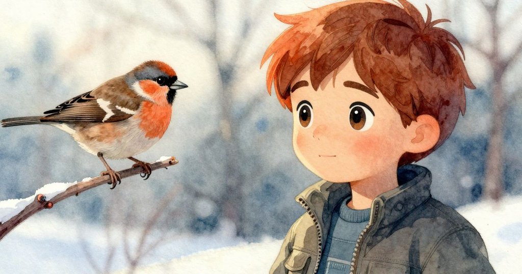 從背後看冬天凝視小鳥停在鋼絲上，背景呈現山坡風琴與自然紋理，氣氛靜謐而神秘