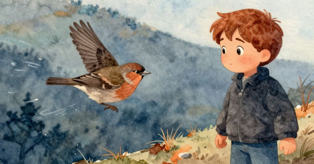 冬天輕輕吹氣於小鳥下，場景定格在互動瞬間，小鳥略顯驚訝，背景中山坡風琴依舊靜謐