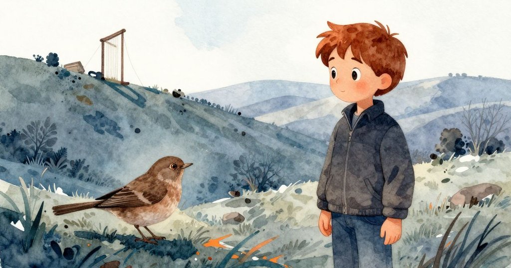 在寬闊山坡上，冬天與小鳥並肩站在風琴旁，微風細語中傳出新的和弦，景色寧靜而和諧