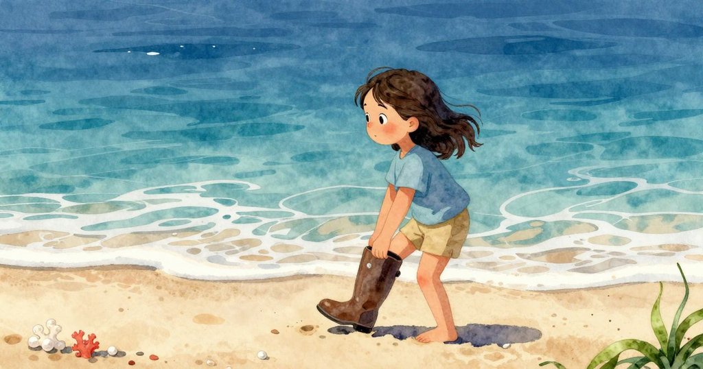 Olyvia在沙灘上舉起腳靴,望向平靜海面,場景呈現溫暖陽光與沉思的氛圍。