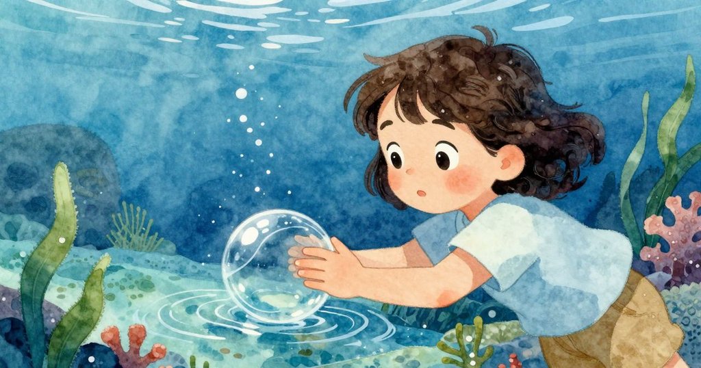 Olyvia的小手穩定放下玻璃觀察器,水面映出繽紛海底色彩,細膩呈現探索瞬間。