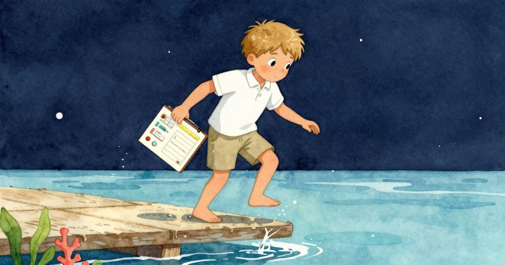 Luke離開木板走向潮池,夾著珊瑚數據文件,神情專注,映襯出明亮海景與探索精神。