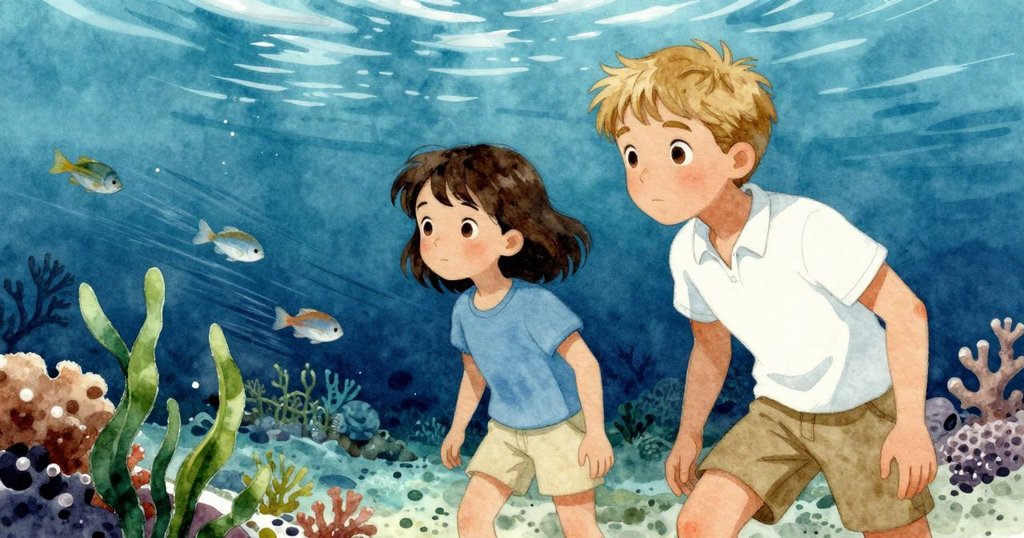 細小魚在暗紋中迅速穿梭,Olyvia與Luke遠處注視,展現珊瑚間生動細節與悠然探索情懷。