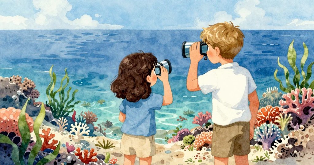 Olyvia與Luke並肩站立於珊瑚邊,透過玻璃觀察器欣賞豐富海底風貌,展現和諧與探索後的靜謐情懷。