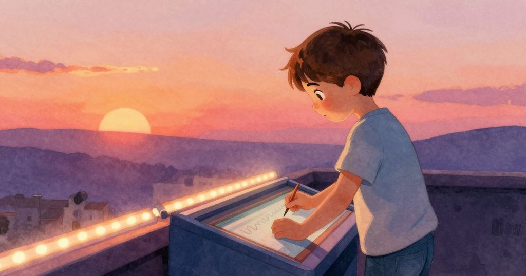 喬納斯專注地俯身於電玩機前, 仔細觸碰玻璃上彎曲痕跡, 周遭LED燈光柔和, 氣氛溫暖明亮