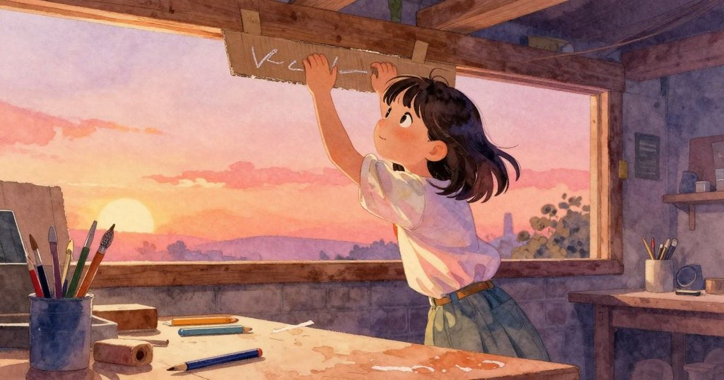 達芬妮在工作坊中動作專注, 用紙板滑入木樑下並以粉筆劃記, 周遭散落手工材料, 氣氛溫馨專注