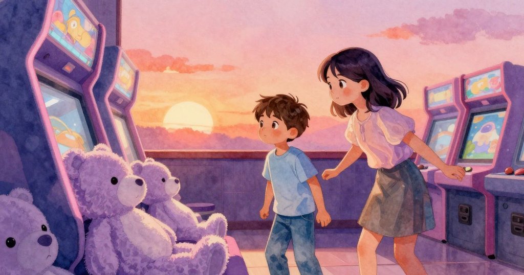 電玩室內毛絨玩偶整齊排列成斜坡, 淡紫色小動物置於關鍵位置, LED柔光流轉, 氣氛溫暖輕柔