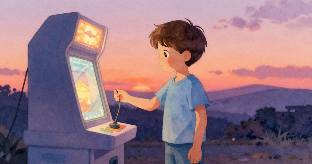 喬納斯於電玩室前靜立, 手臂自然下垂, 注視線纜緩降, LED柔光映照, 神情平和安詳