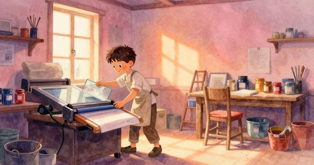 尼爾斯走進溫暖的印刷工房,清晨光線透過大窗灑入,準備開始創作,充滿期待與平靜