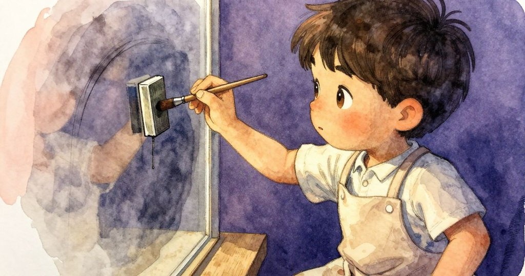 透視角度展現尼爾斯的手輕觸畫筆與印刷輥,細節清晰,動作柔和,背景呈現溫暖燈光