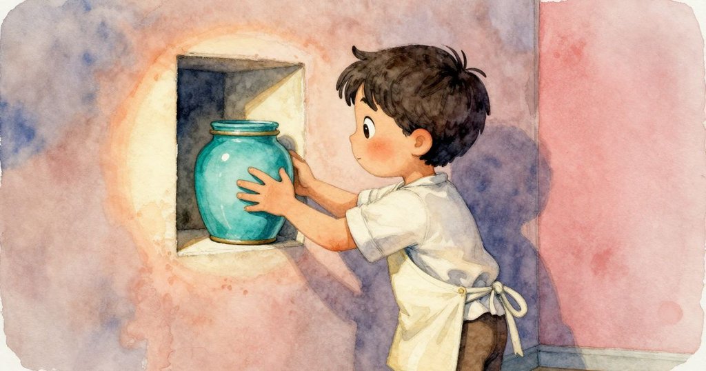 尼爾斯在工房隱秘角落的小壁龕中小心取出鮮豔青綠色小罐,眼神中充滿驚喜與靈感