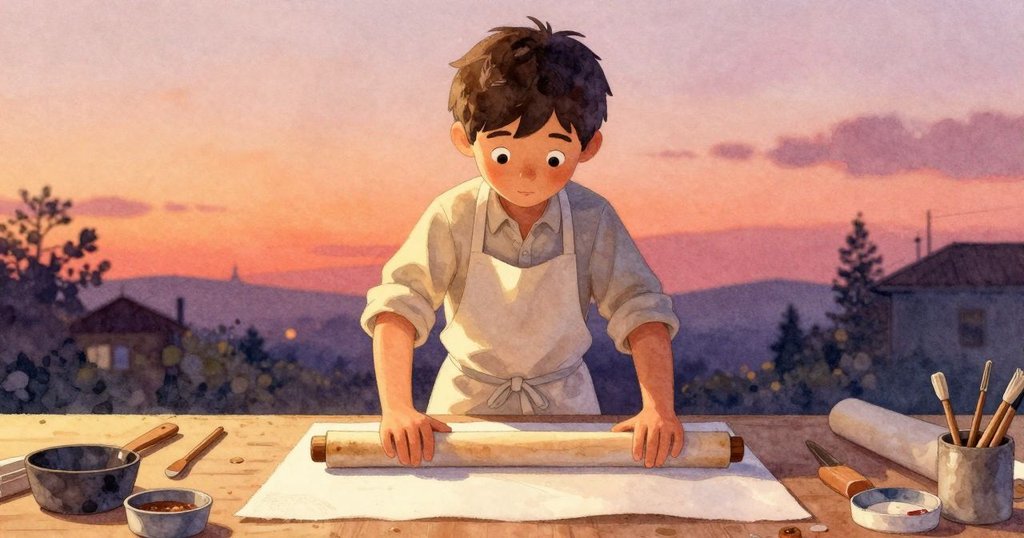 尼爾斯在整理後的工作台上,以寧靜手法用印刷輥滾過新紙,面帶輕鬆微笑,散發著創作成功的喜悅