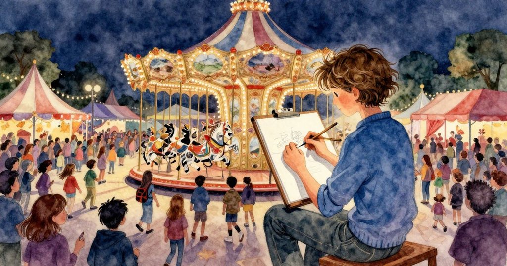 達拉在旋轉木馬旁作畫，背景充滿歡樂人群與節日燈光，展現故事開端與活力氛圍