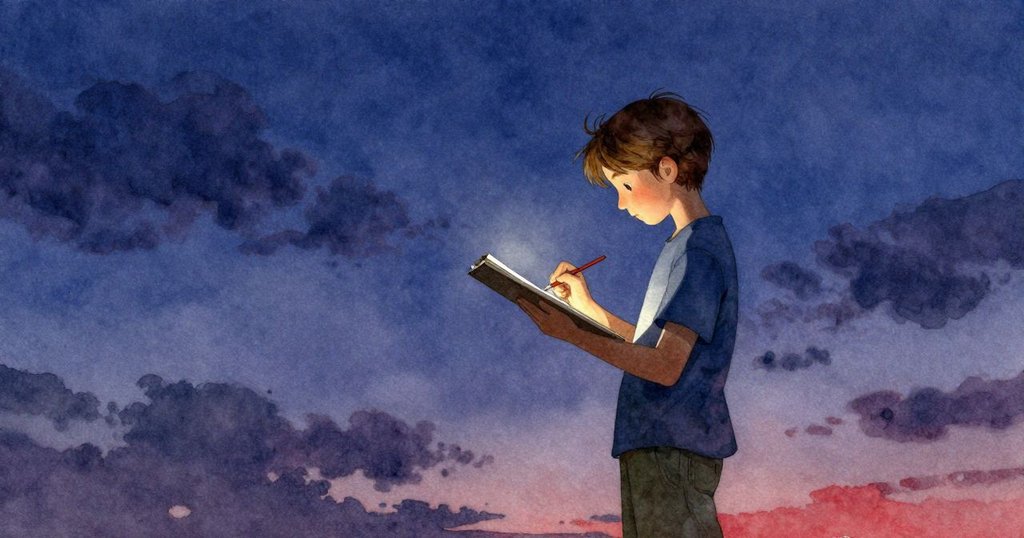 達拉專心作畫，遼闊藍天下展現寧靜思緒，背景中隱約可見旋轉木馬，呈現故事發展