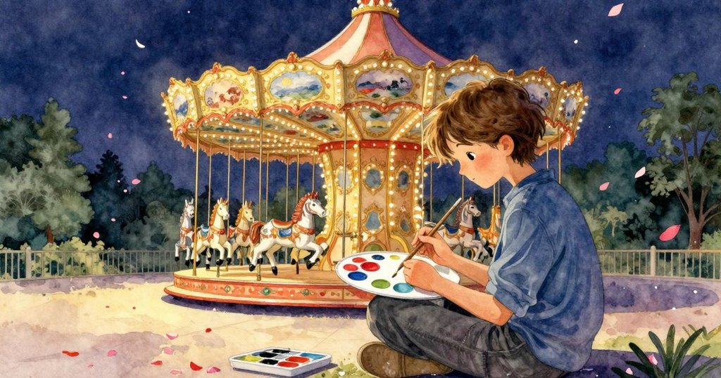 達拉在秋日下午作畫，背景中散落的花瓣與節慶裝飾融入旋轉木馬，營造溫暖季節氣息