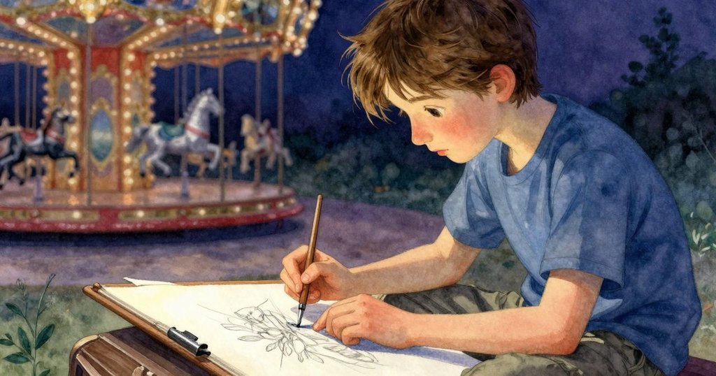 達拉神情凝重，仔細在畫板上調和油彩與炭筆，手部特寫中流露內心掙扎，背景暗示著隱藏機關