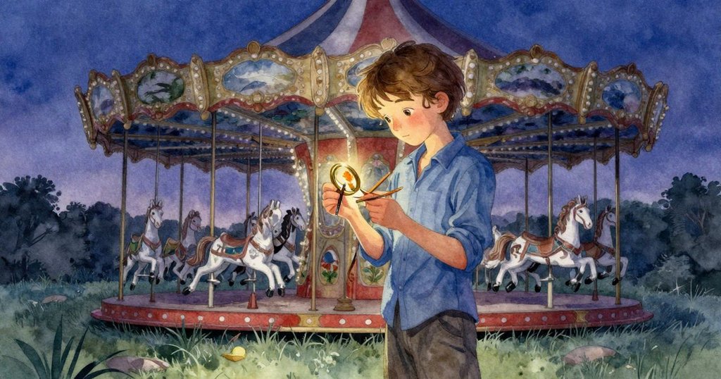 達拉靜靜地握著冷澈黃銅環和凋零百日紅，柔和暮光中展露安然微笑，旋轉木馬逐漸平息