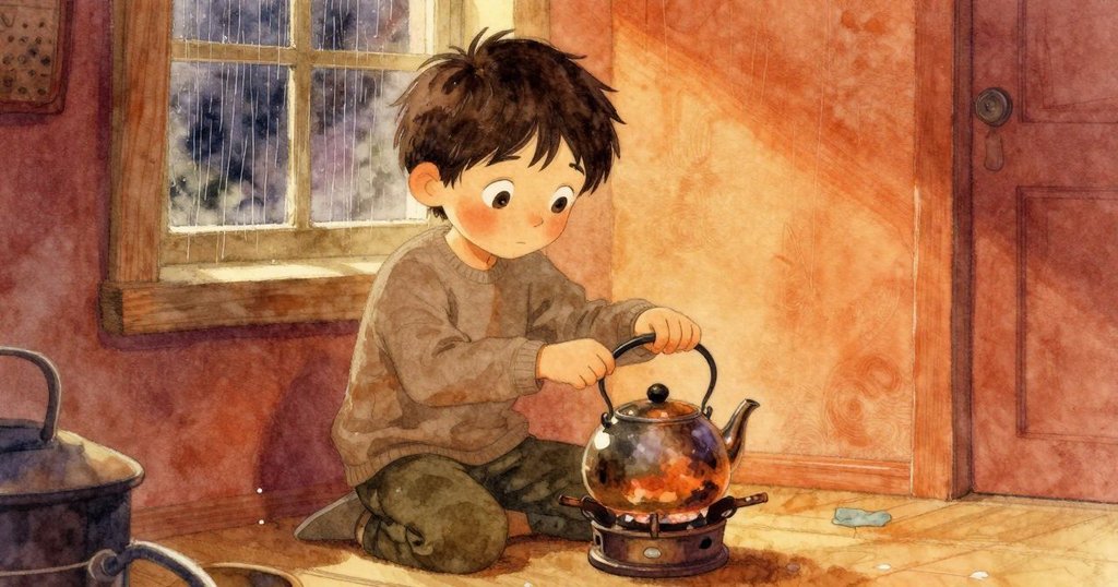 Cruz在溫暖廚房中調節火爐, 瓦製茶壺冒蒸氣, 窗外雨滴輕敲屋頂, 氣氛寧靜而充滿期待