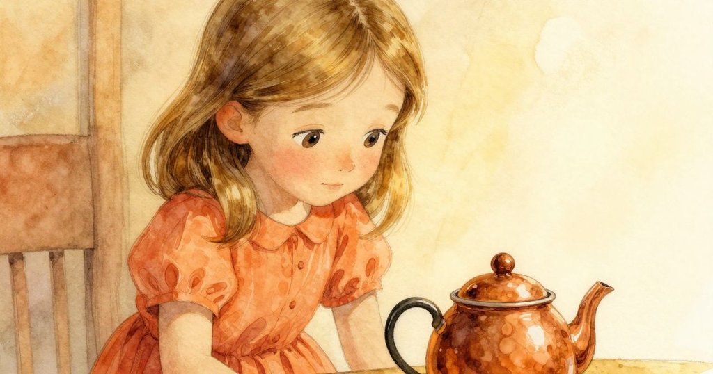 Gwen凝視茶壺顫動的蓋子, 臉部特寫展現關切與專注, 室內暖光環繞, 氣氛靜謐