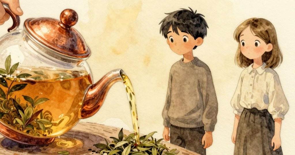 Cruz的手正倒茶, 茶壺內茶葉呈扭曲旋轉狀, 燈光溫暖, 呈現出動態與詩意的視覺效果