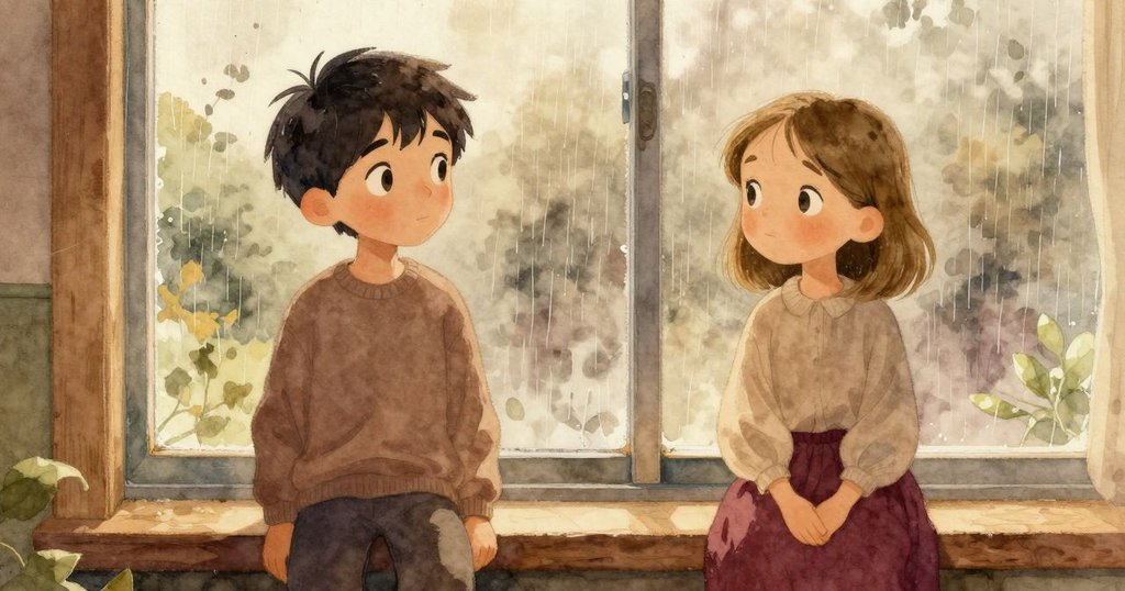 窗外雨勢漸弱, 柔和雲層映入室內, Cruz透過窗戶凝望, 整體氛圍溫柔而寧靜