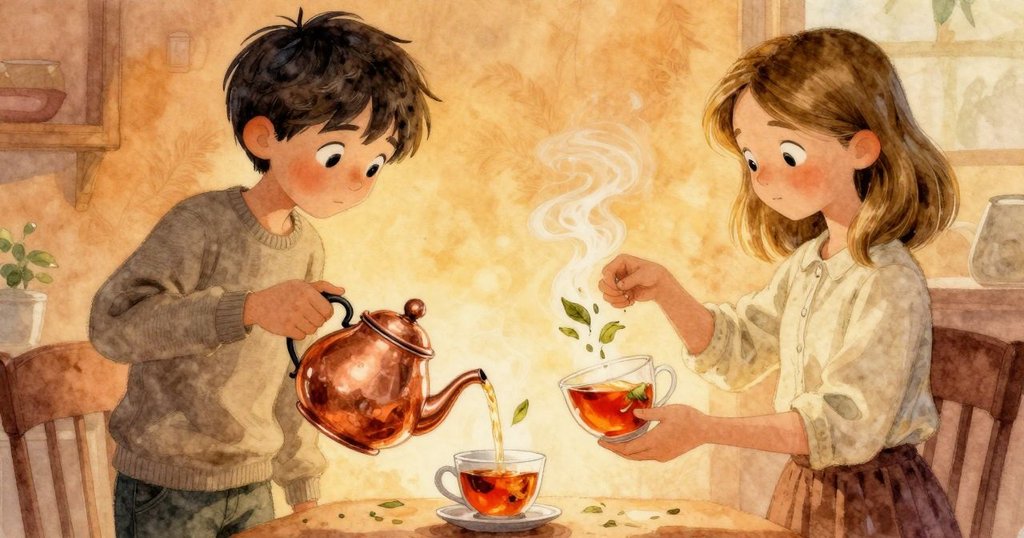 Cruz倒茶時茶色轉深,Gwen輕輕點頭, 蒸氣緩緩上升, 內部氛圍充滿動態與期待, 呈現出細膩變化