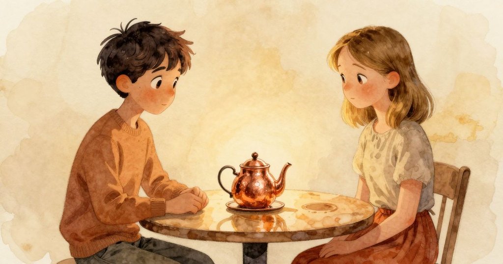 Cruz與Gwen靜坐桌邊, 茶壺已復平靜, 布質杯墊上銅色印記清晰, 氣氛充滿反思與溫暖新起點