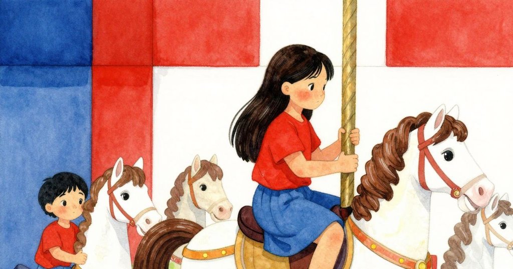 扎拉在旋轉木馬上靜靜坐著，滿足中展現柔和情緒，背景中有精美畫作和雕刻細節