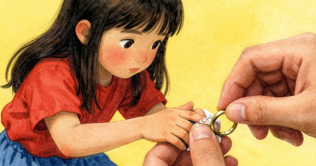 扎拉手指輕觸旋轉木馬環上閃爍的污點，特寫呈現細節與光影變化，充滿好奇心