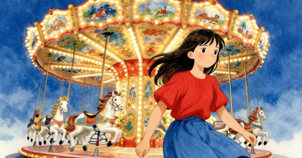 旋轉木馬以扭曲視角呈現，扎拉騎在馬上，背景模糊而充滿夢幻色彩，顯示動態與奇幻感