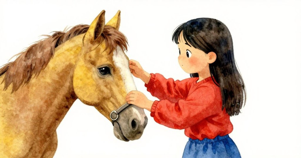 扎拉溫柔地將印花環扣在馬匹雕刻耳上，臉上流露出滿足與喜悅，背景燈光柔和，展現結局之美