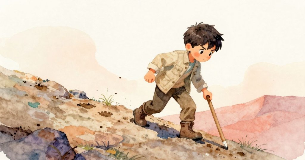 多利安從屋頂邊緣踏入泥地,木製路標傾斜呈現異角度,海潮退去,表情專注且充滿期待。